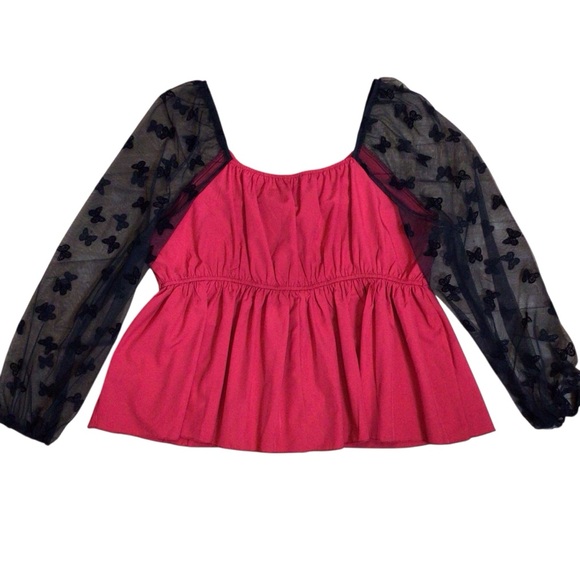 Sold! SHEIN Curve 2XL Red Babydoll Top Butterfly Mesh Sleeves Valentine Date - Picture 4 of 10
